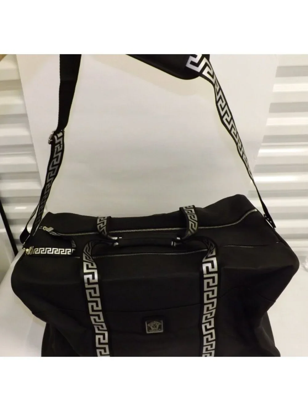 VERSACE black Overnight Duffle Bag With Strap Greek Key Pattern Weekender Bag